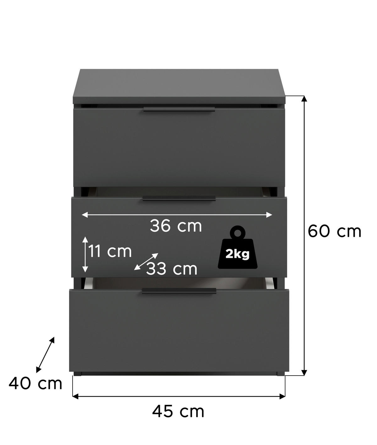 NACHTSCHRANK  - Anthrazit/Schwarz, MODERN, Holzwerkstoff/Kunststoff (45cm) - MID.YOU