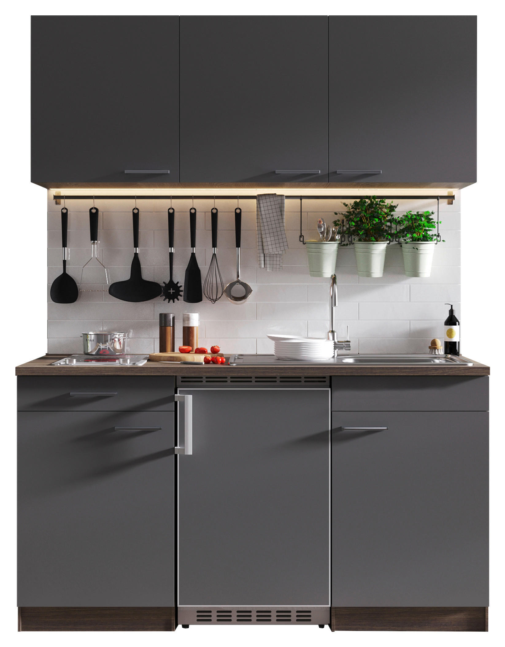 MINIKÜCHE 150 cm   in Grau  - Eichefarben/Alufarben, Basics, Holzwerkstoff/Kunststoff (150cm) - Respekta