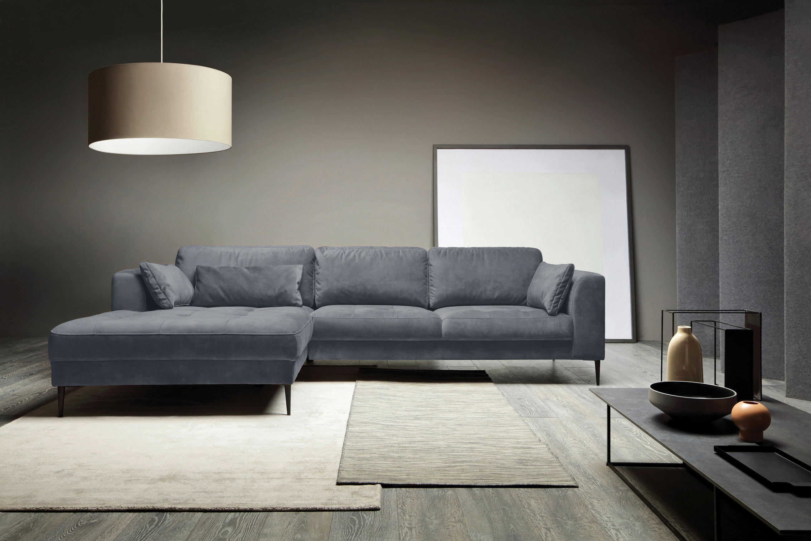 ECKSOFA in Mikrofaser Blaugrau  - Blaugrau/Schwarz, Modern, Textil (168/280cm) - Trendmanufaktur