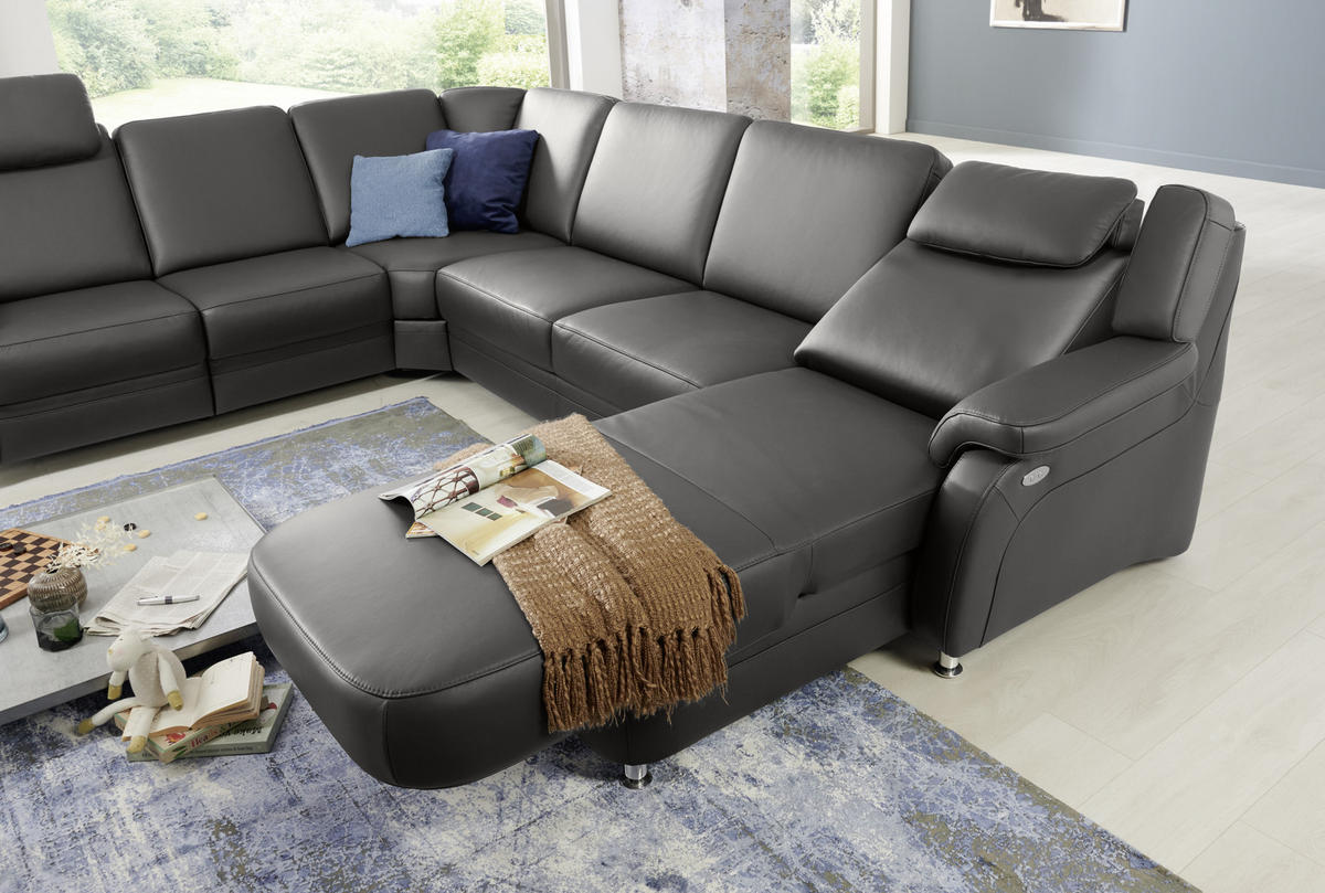 WOHNLANDSCHAFT in Echtleder Anthrazit  - Anthrazit/Alufarben, Konventionell, Leder/Metall (239/329/165cm) - Beldomo Premium