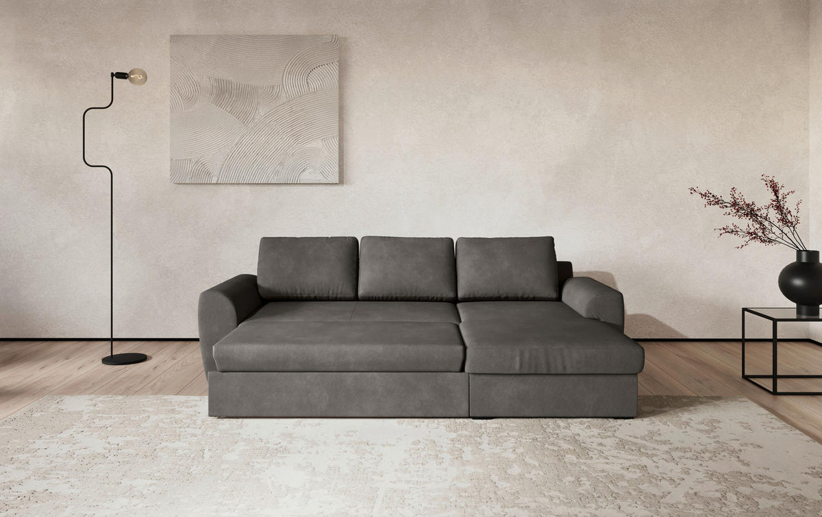 ECKSOFA Chenille Grau  - Schwarz/Grau, Trend, Kunststoff/Textil (253/154cm) - MID.YOU