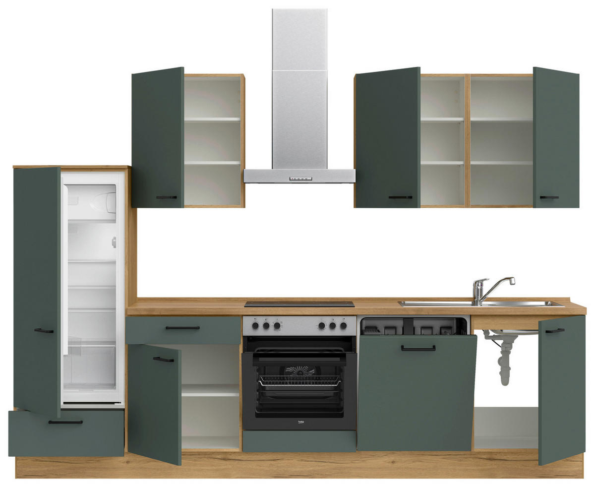 KÜCHENBLOCK Easytouch 300 cm  in Eichefarben, Dunkelgrün  - Dunkelgrün/Eichefarben, MODERN, Holzwerkstoff/Metall (300cm) - Nobilia