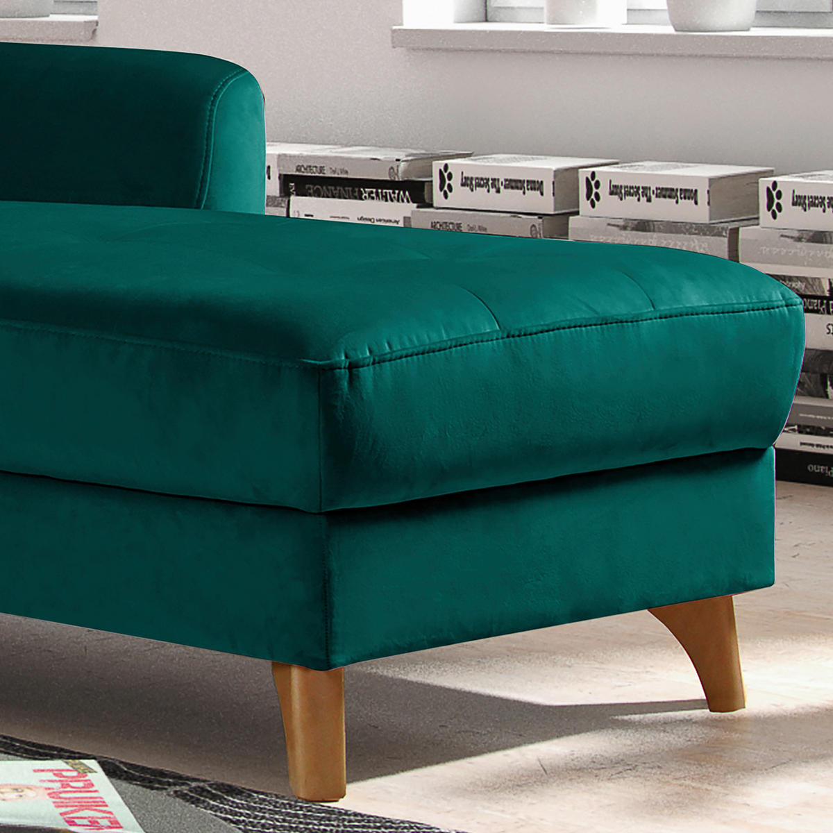 ECKSOFA Petrol Samt  - Buchefarben/Petrol, Design, Holz/Textil (238/168cm) - Livetastic