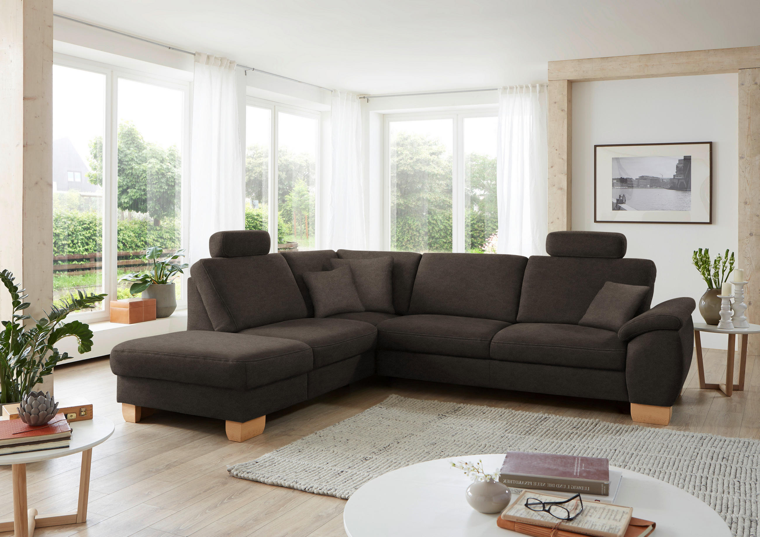 ECKSOFA in Mikrofaser Mokka  - Wildeiche/Beige, Konventionell, Holz/Textil (236/286cm) - Voleo