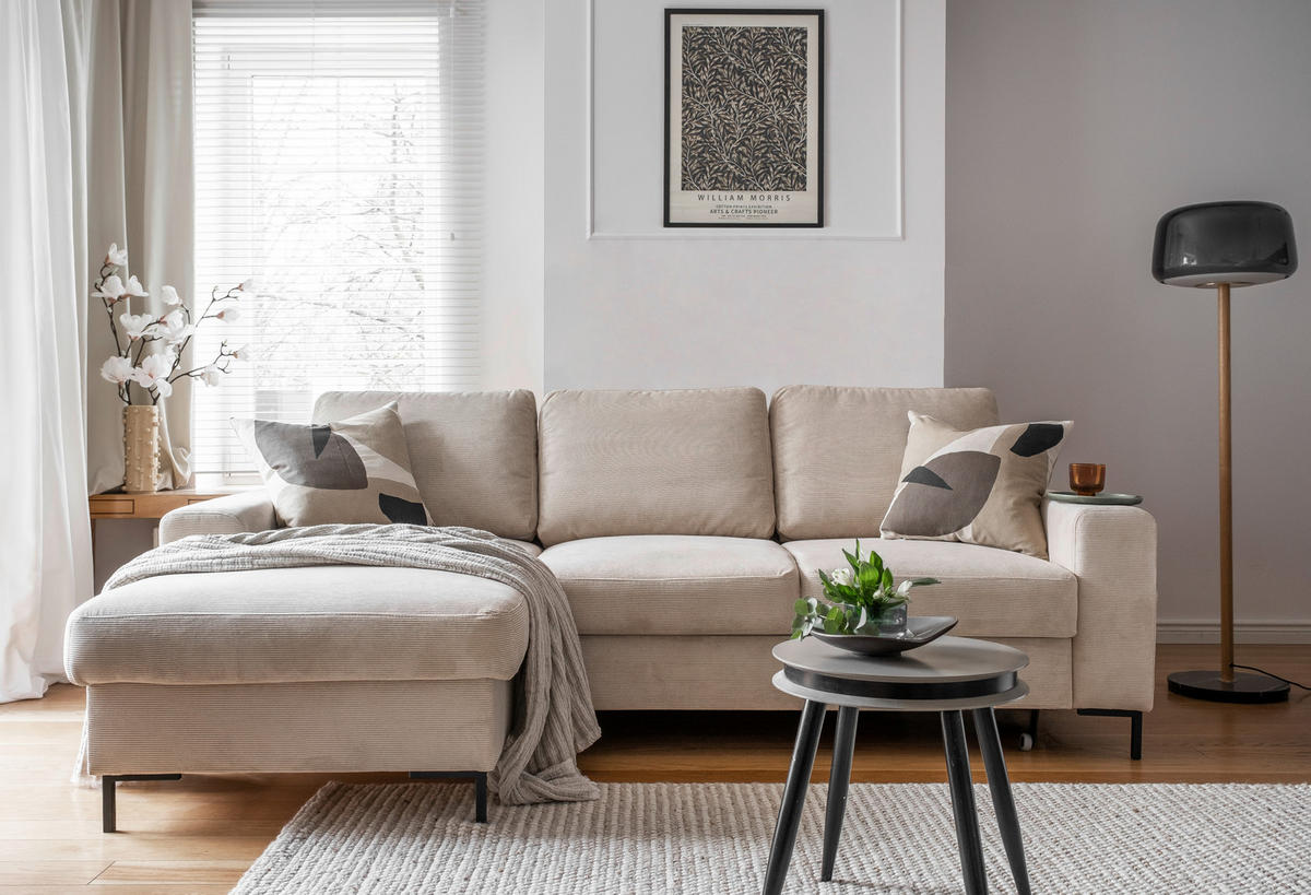 ECKSOFA Beige Cord  - Beige/Schwarz, Design, Textil/Metall (148/236cm) - MID.YOU