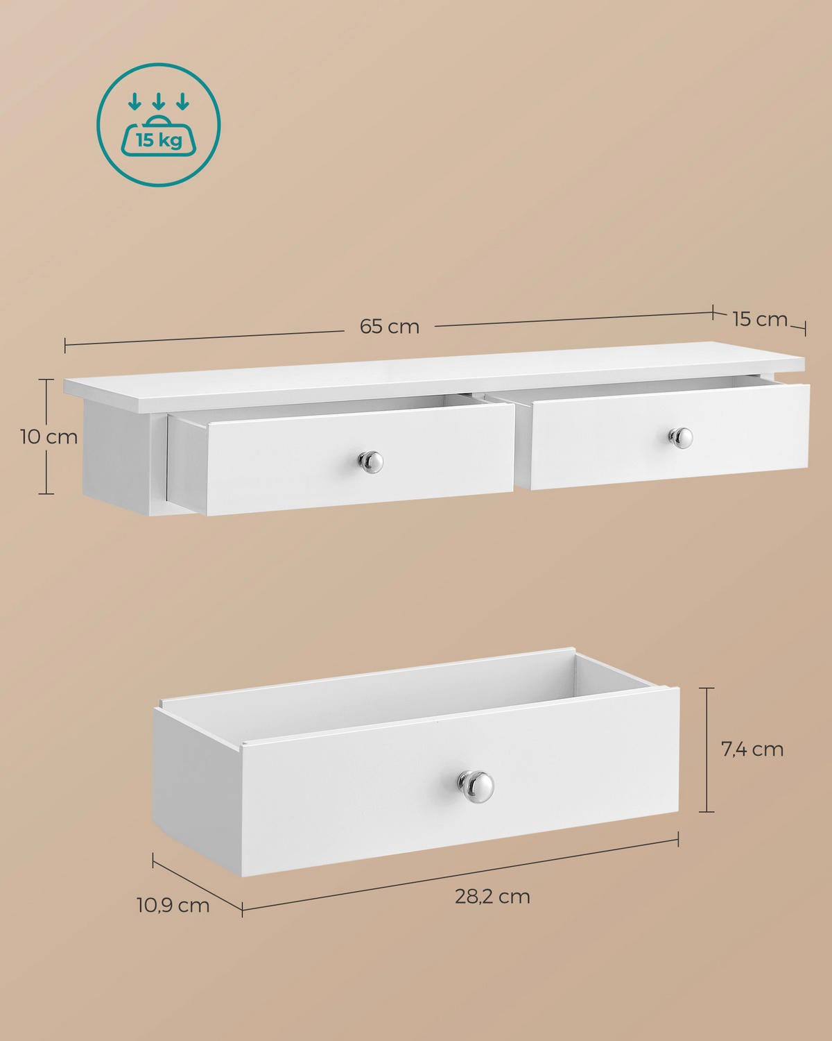 WANDREGAL 65/10/15 cm  - Chromfarben/Weiß, Trend, Holzwerkstoff/Metall (65/10/15cm) - Boxxx