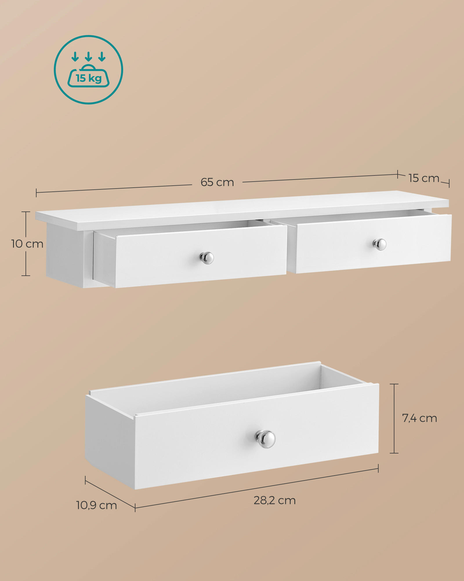 Thumbnail - Boxxx Wandregal Songmics, Weiß, Metall, 2 Schubladen, 65x10x15 cm, hängend, Küchen, Küchenmöbel, Küchenregale
