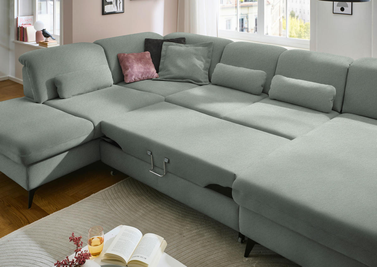 WOHNLANDSCHAFT Chenille Hellgrau  - Hellgrau/Schwarz, Design, Textil/Metall (255/369/198cm) - Beldomo Style