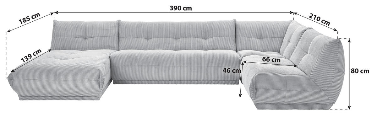 WOHNLANDSCHAFT GISELLE Grau Cord  - Grau, Trend, Textil (185/390/210cm) - Livetastic