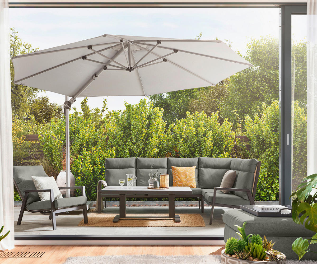 LOUNGE ASZTAL  - világosszürke/antracit, Design, Üveg/fém (141/80/50-70cm) - Amatio