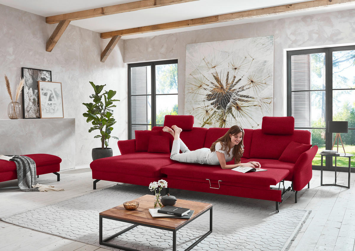 ECKSOFA in Velours Rot  - Rot/Schwarz, Design, Textil/Metall (179/306cm) - Beldomo System