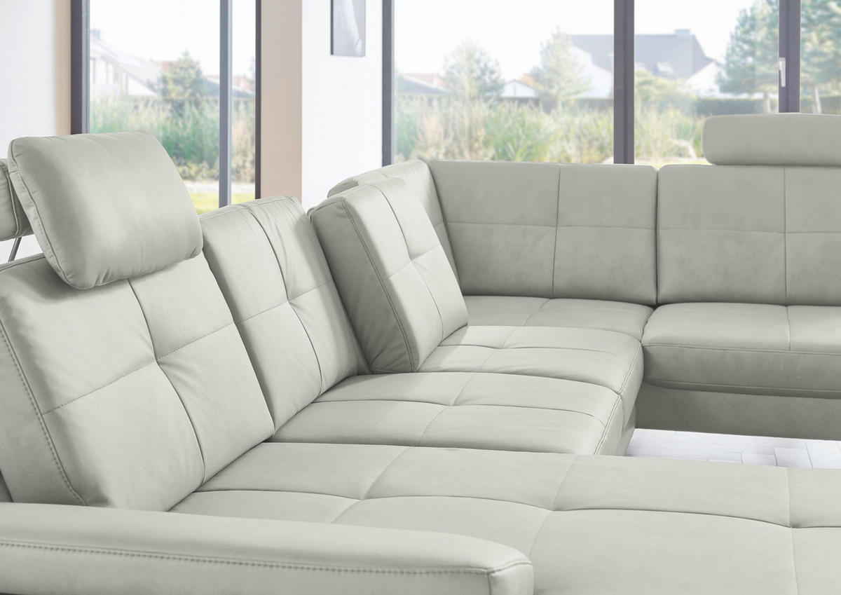 WOHNLANDSCHAFT in Lederlook, Mikrofaser Hellgrau  - Hellgrau/Schwarz, Design, Textil/Metall (179/343/220cm) - Beldomo System