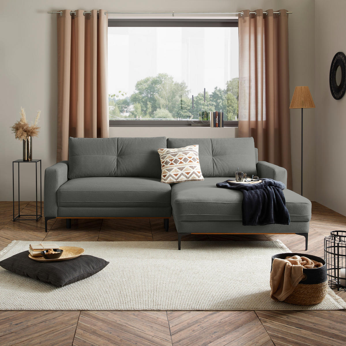 ECKSOFA Dunkelgrau  - Dunkelgrau/Schwarz, MODERN, Textil/Metall (238/162cm) - Ondega