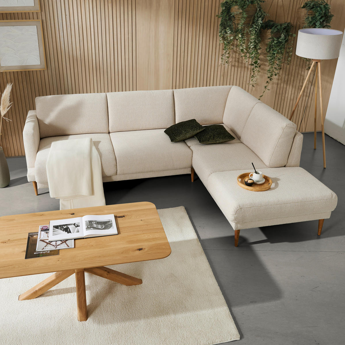 ECKSOFA  in Flachgewebe Beige  255/212 cm  - Eichefarben/Beige, KONVENTIONELL, Holz/Textil (255/212cm) - Valnatura