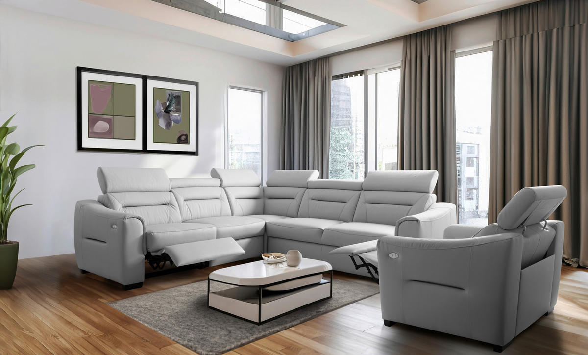 ECKSOFA  in Lederlook Echtleder Platinfarben  - Platinfarben/Wengefarben, Design, Leder/Holz (260/260cm) - Celina Home