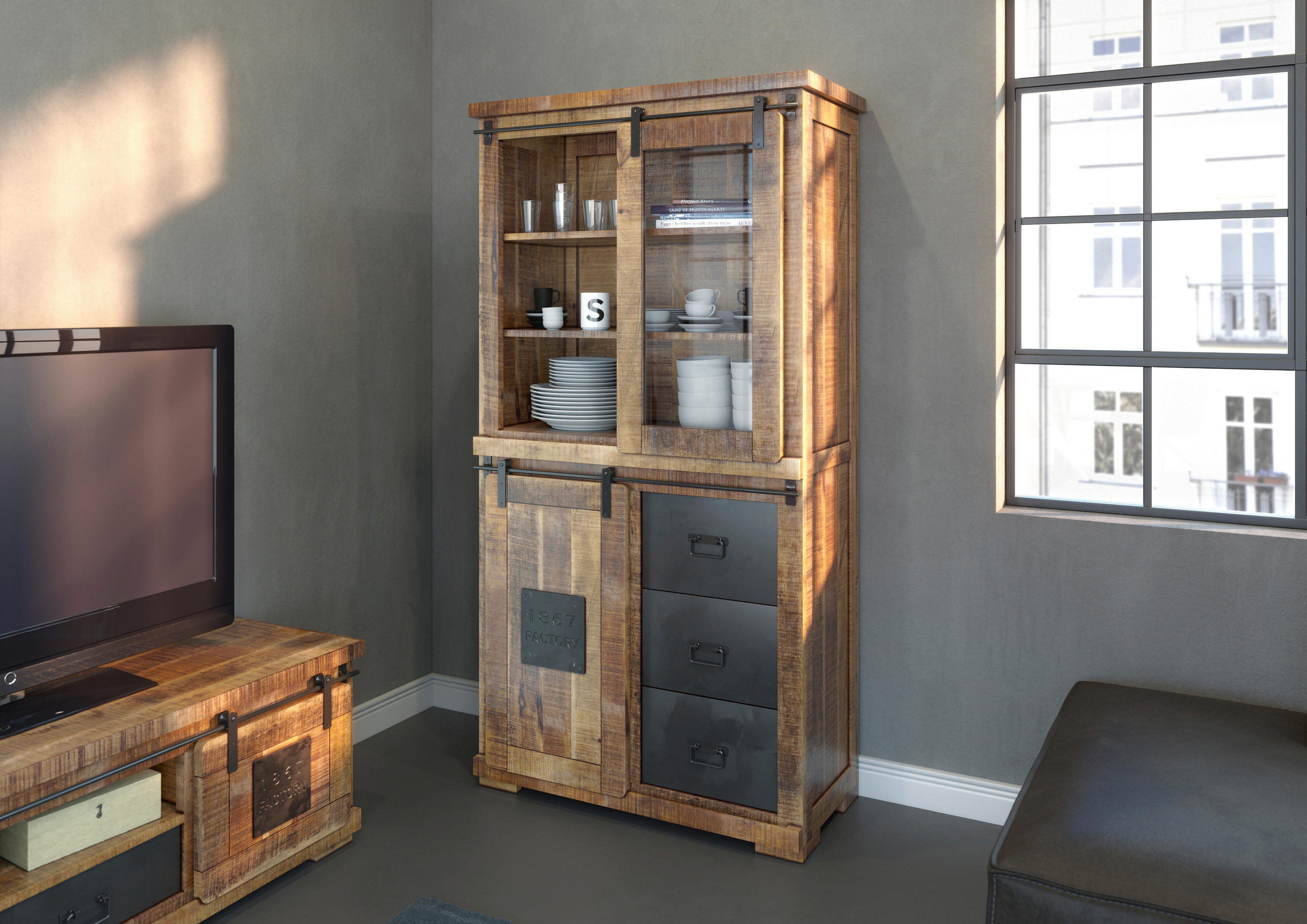 VITRINE in massiv Mangoholz Naturfarben, Schwarz  - Schwarz/Naturfarben, LIFESTYLE, Glas/Holz (100/190/45cm) - Landscape