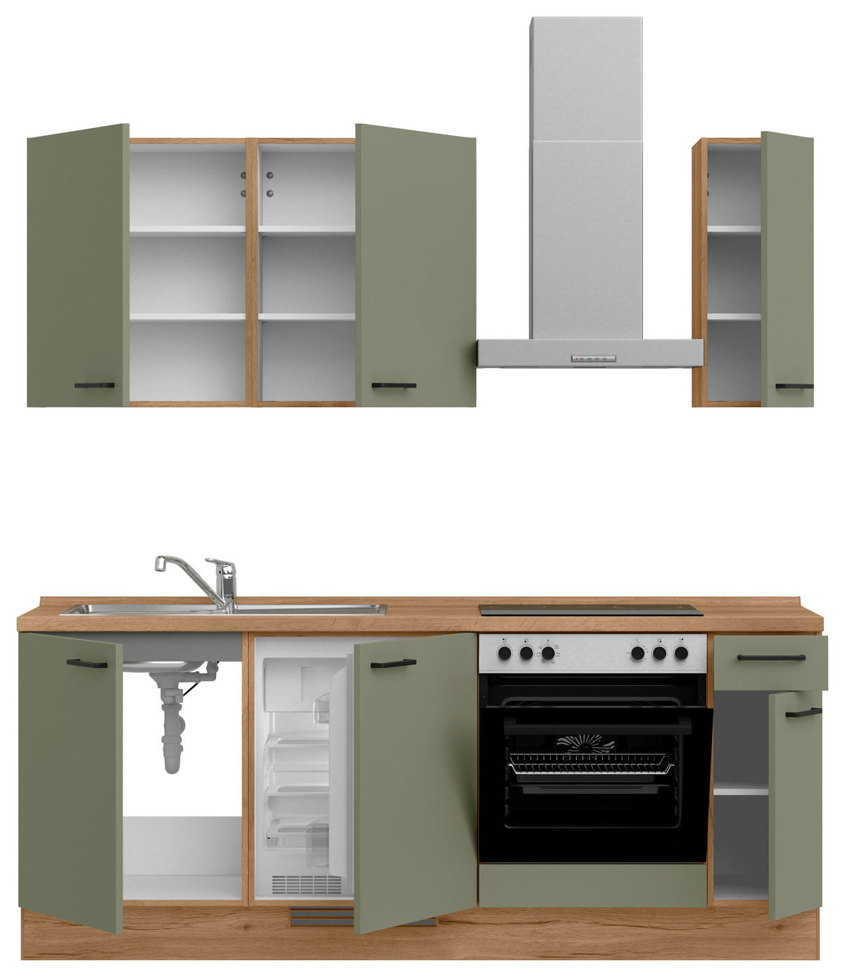 KÜCHENLEERBLOCK Senso 210 cm  in Eichefarben, Olivgrün  - Eichefarben/Schwarz, MODERN, Holzwerkstoff/Metall (210cm) - Nobilia
