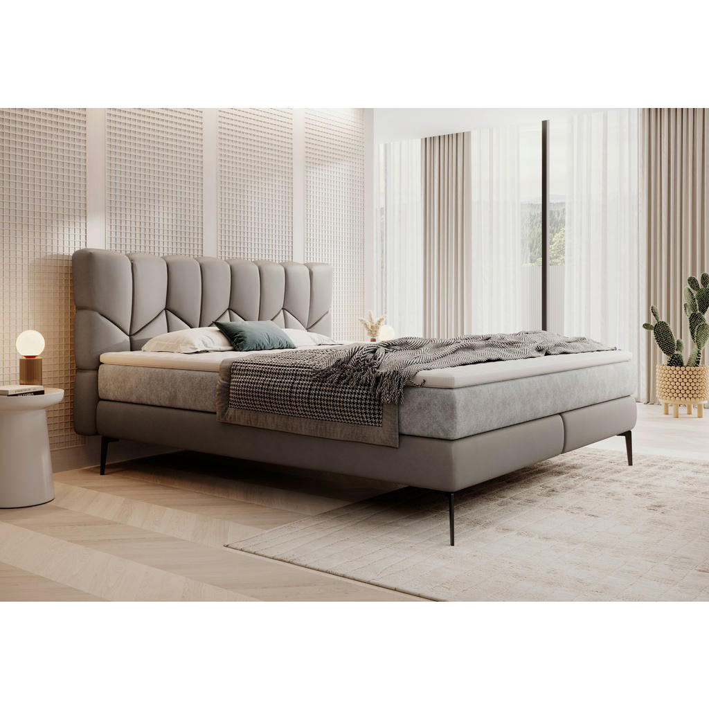 Thumbnail - Esposa Boxspringbett, Graubraun, Textil, Kombination Echtleder/Stoff,Echtleder, Rindleder, H2 + H3, 7-Zonen, Höhe ca. 17...