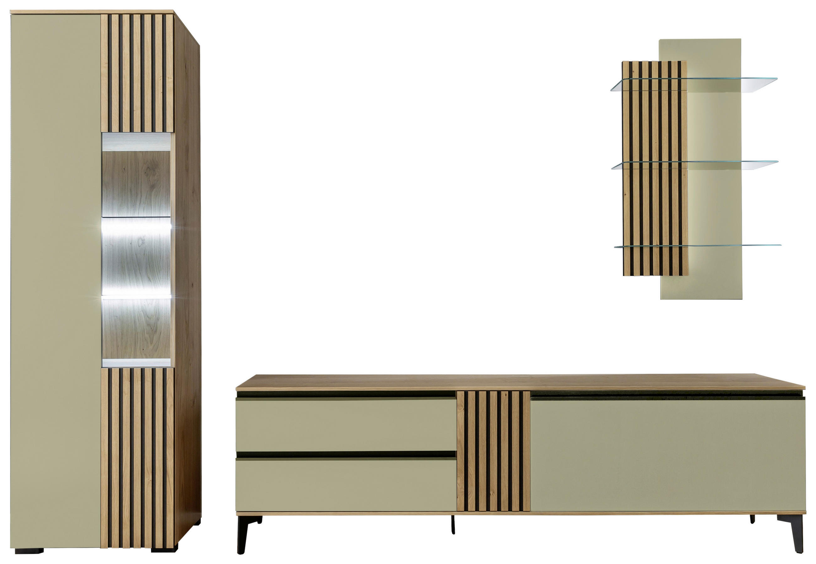 WOHNWAND  in Wildeiche, Schilfgrün 277/200/45 cm  - Schilfgrün/Wildeiche, Design, Glas/Holz (277/200/45cm) - Moderano