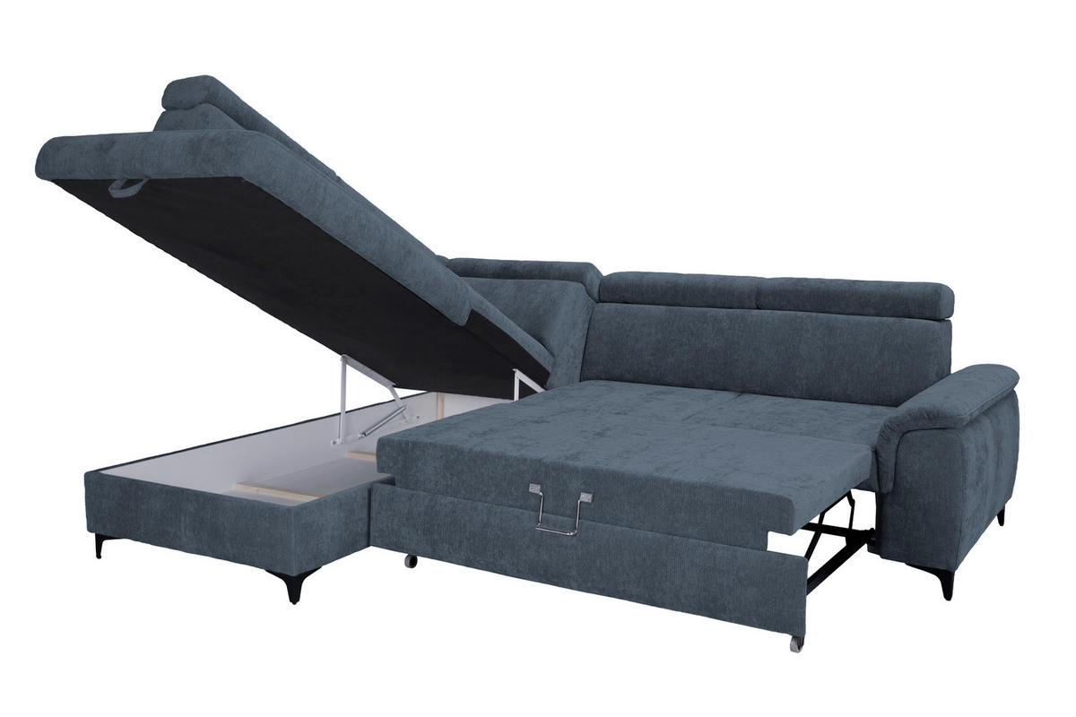 ECKSOFA Dunkelblau Chenille Bettkasten, Schlaffunktion, Rücken echt, Kopfteilverstellung, Liegefläche im Originalstoff  - Schwarz/Dunkelblau, KONVENTIONELL, Textil/Metall (206/265cm) - Carryhome