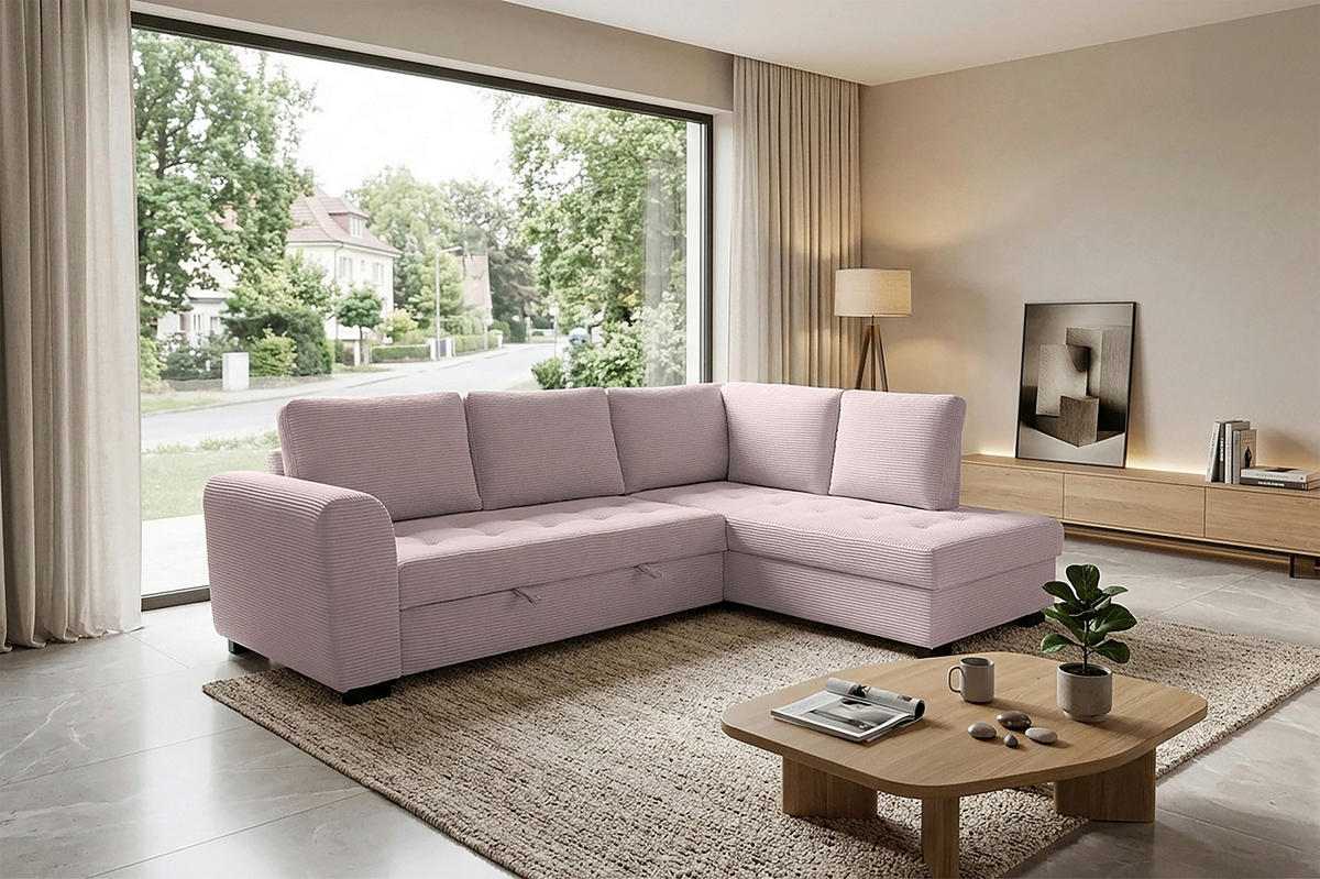ECKSOFA JOHN Rosa Cord Rückenkissen, Bettkasten, Liegefläche im Originalstoff  - Schwarz/Rosa, Trend, Kunststoff/Textil (239/178cm) - P & B
