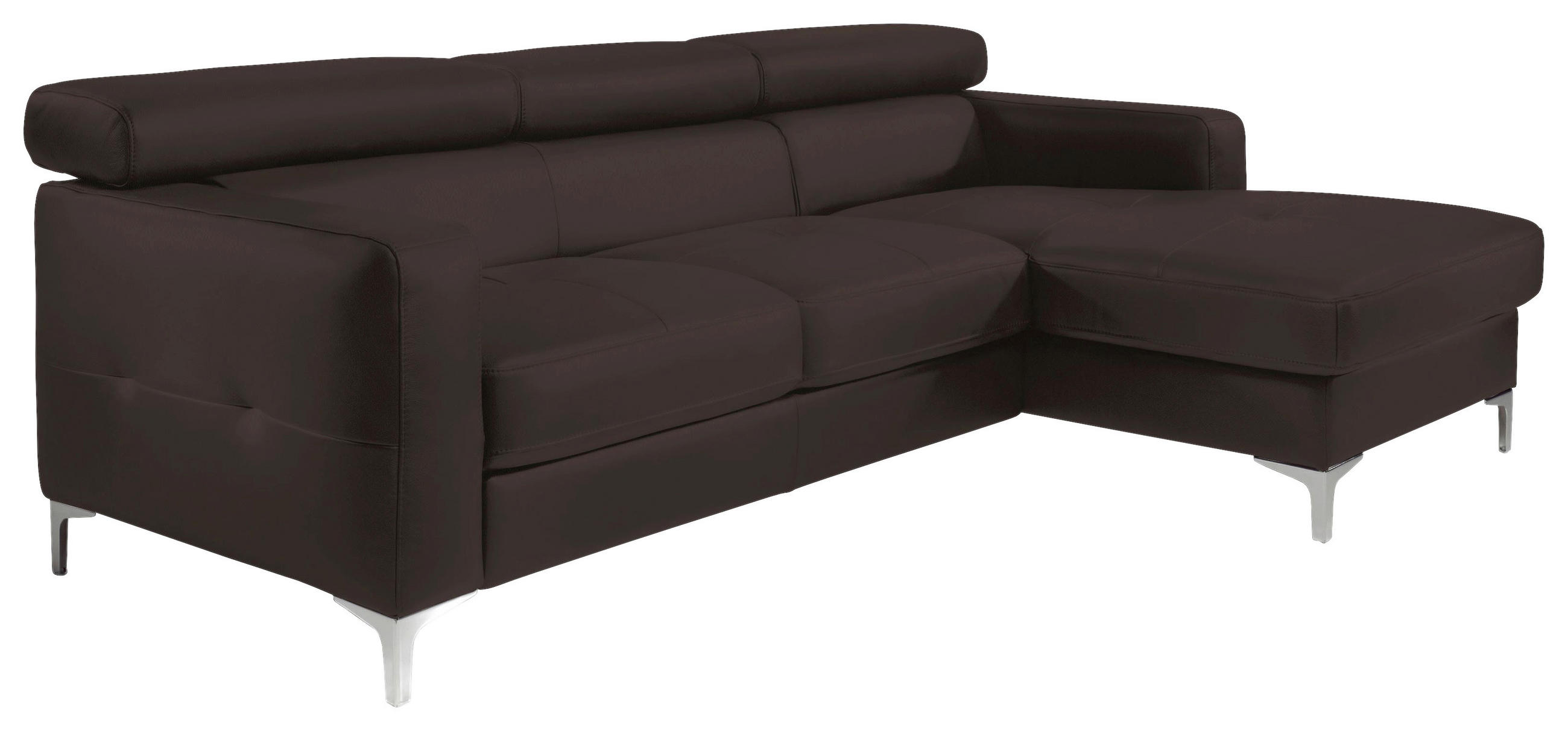 ECKSOFA Dunkelbraun Echtleder Bettkasten, Schlaffunktion, Kopfteilverstellung, Kopfstütze  - Chromfarben/Dunkelbraun, Design, Leder/Metall (227/168cm) - Livetastic