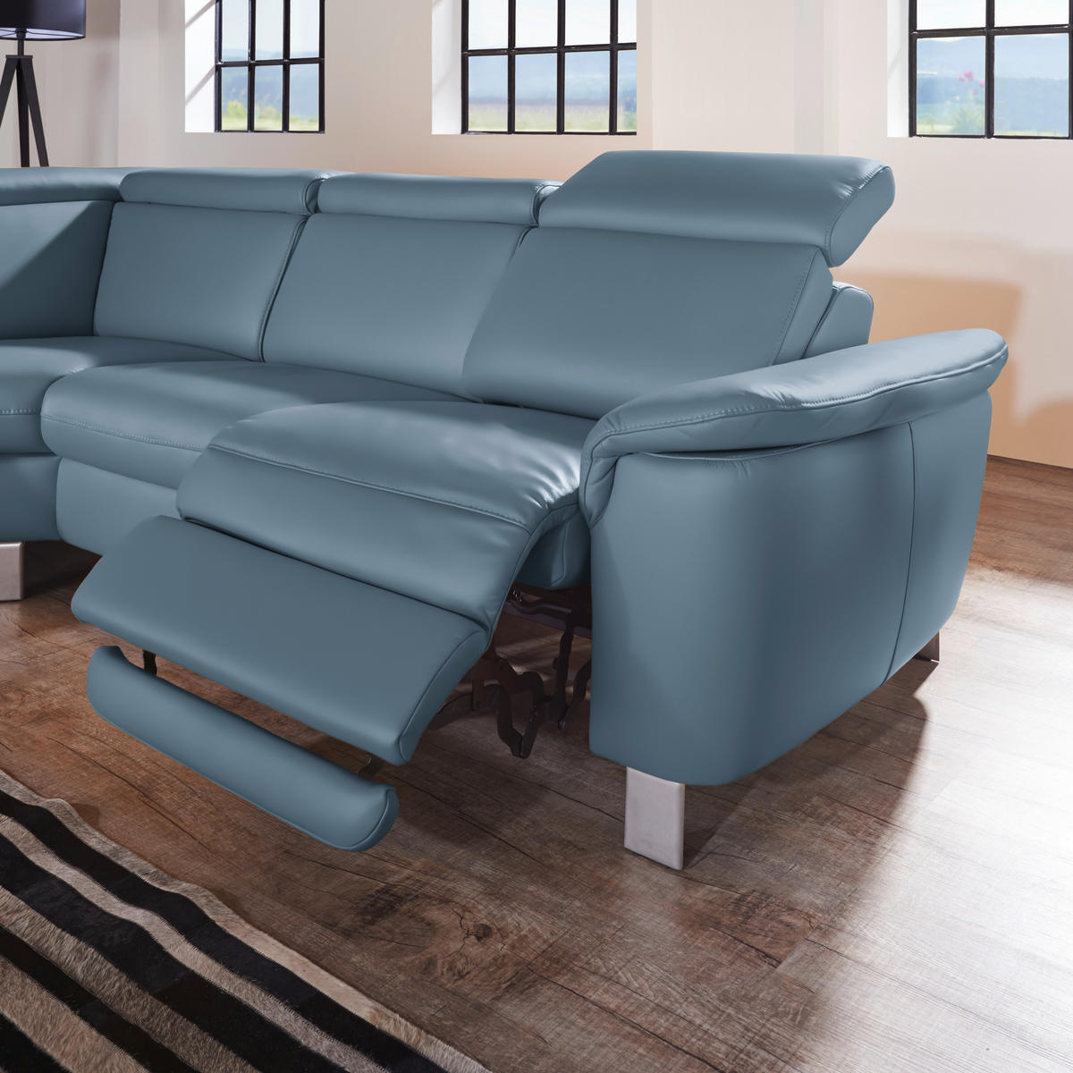 ECKSOFA in Echtleder Blau  239/271 cm  - Blau/Alufarben, Design, Leder/Metall (239/271cm) - Cantus