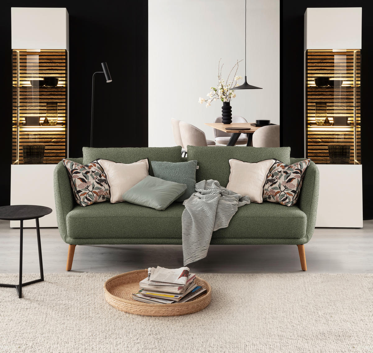 2,5-SITZER  in Flachgewebe Grün  - Eichefarben/Weiß, Design, Holz/Textil (190/71/91cm) - Schöner Wohnen