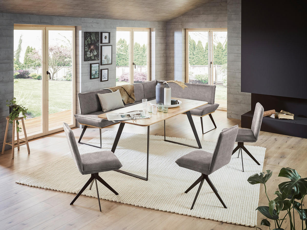 ECKBANK 163/243 cm Webstoff Schwarz, Eichefarben, Hellbraun Eiche massiv Metall   - Hellbraun/Eichefarben, Design, Holz/Textil (163/243cm) - Voleo