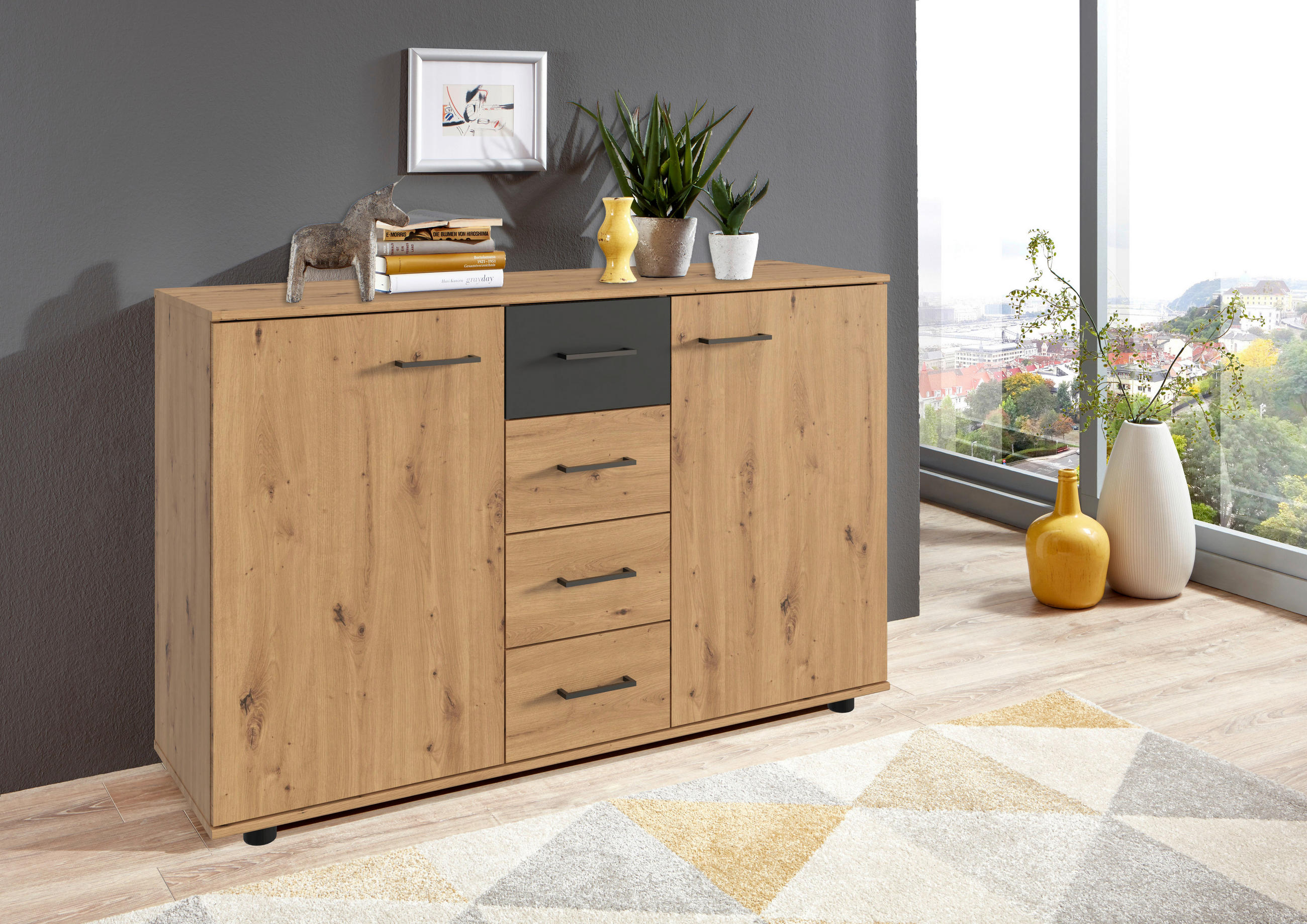 KOMMODE 130/83/41 cm  in Graphitfarben, Eiche Artisan  - Schwarz/Graphitfarben, Konventionell, Holzwerkstoff/Kunststoff (130/83/41cm) - Carryhome