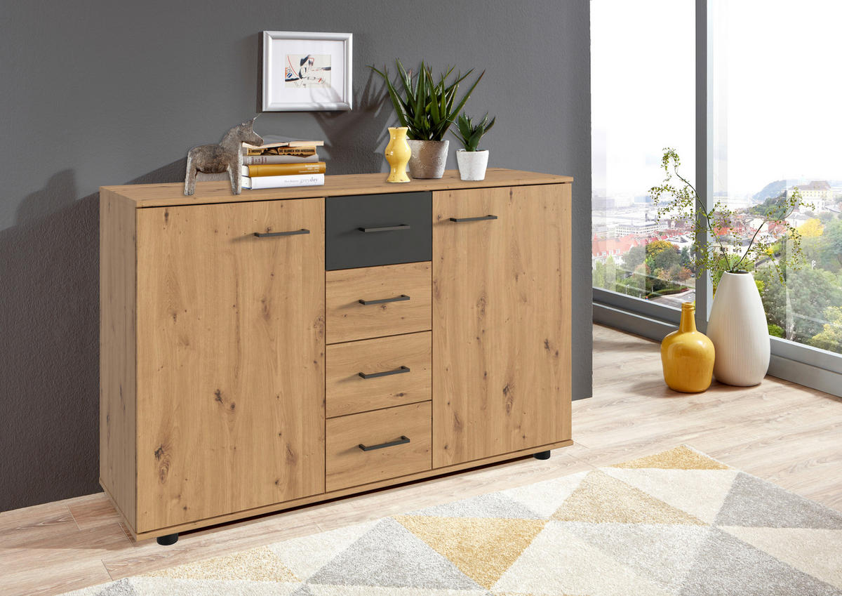 KOMMODE 130/83/41 cm  in Graphitfarben, Eiche Artisan  - Schwarz/Graphitfarben, Konventionell, Holzwerkstoff/Kunststoff (130/83/41cm) - Carryhome