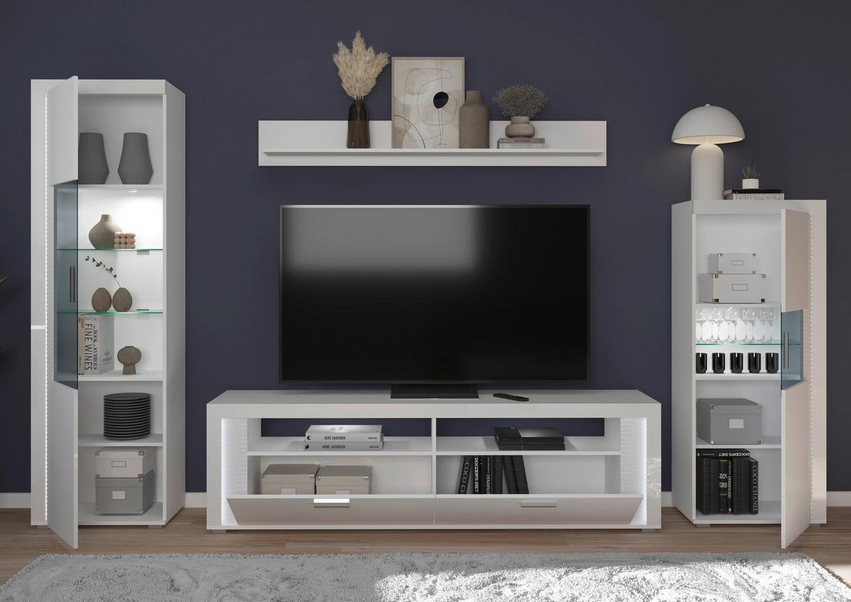 OBÝVACÍ STĚNA, vysoce lesklá bílá - barvy stříbra/vysoce lesklá bílá, Design, kompozitní dřevo/plast (351/202/46cm) - MID.YOU
