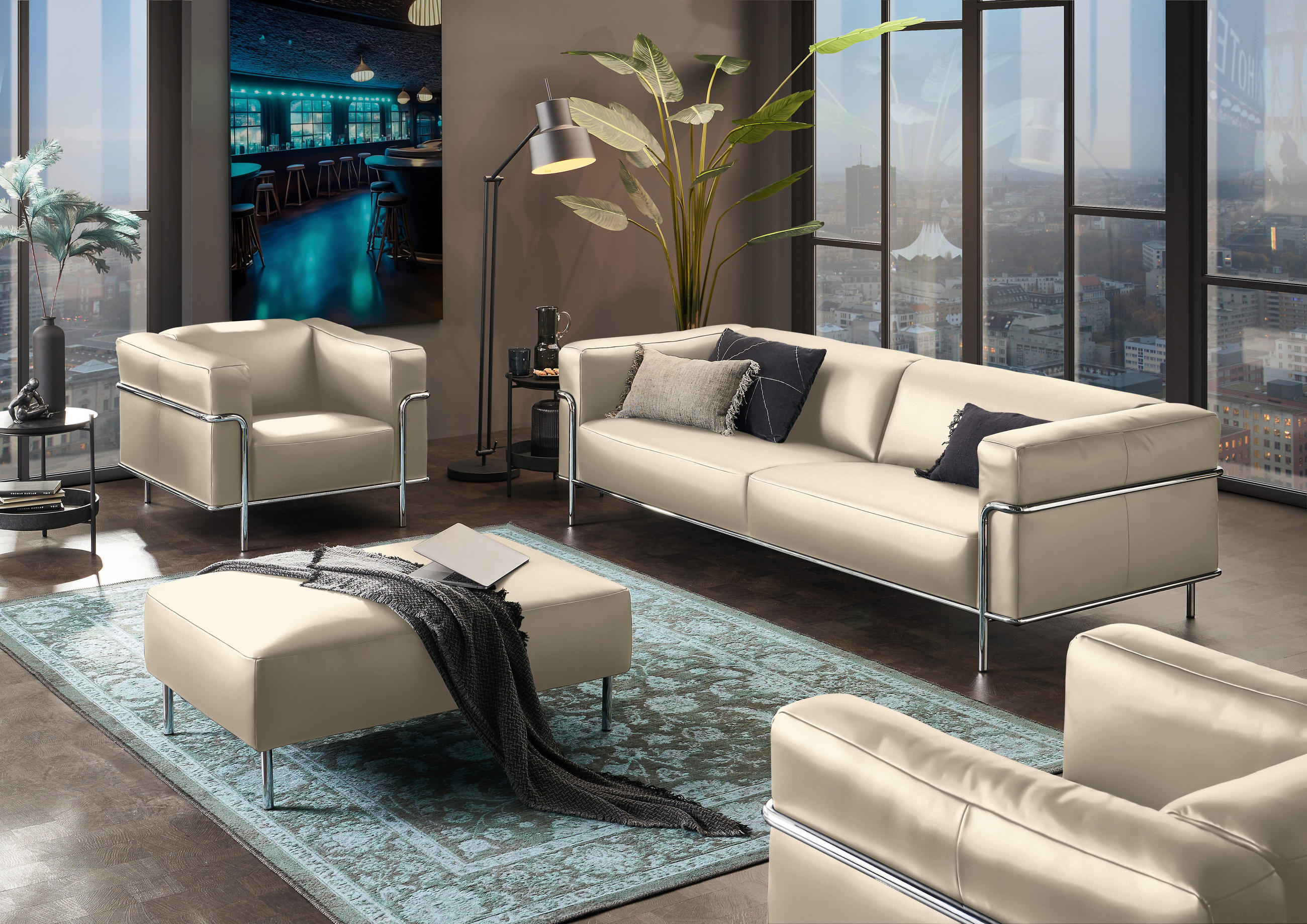 3-SITZER-SOFA in Echtleder Creme  - Chromfarben/Creme, Design, Leder/Metall (236/67/96cm) - Johann Jakob