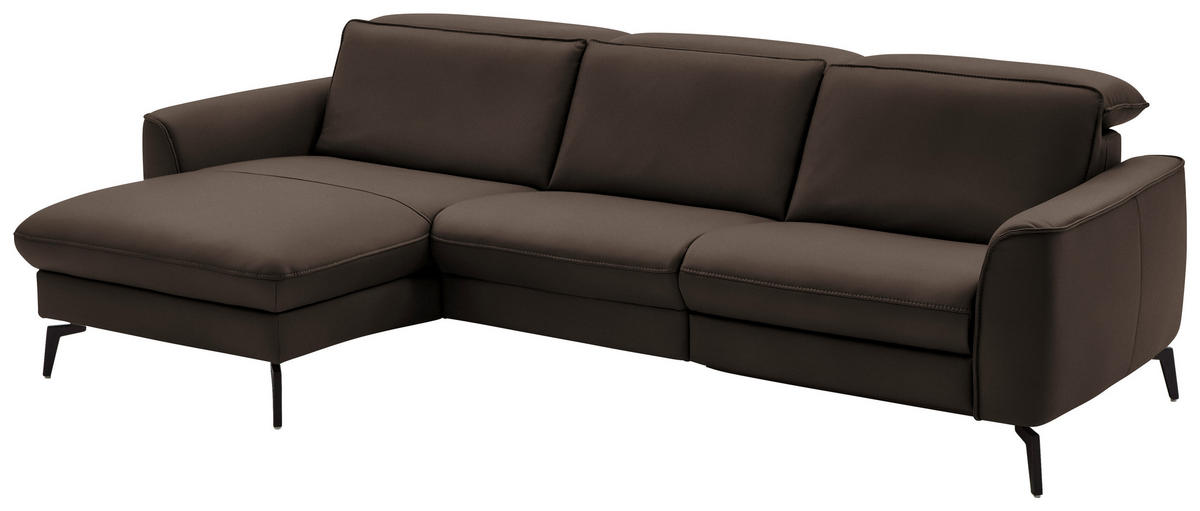 ECKSOFA in Echtleder Dunkelbraun  - Dunkelbraun/Schwarz, Natur, Leder/Metall (168/281cm) - Valdera