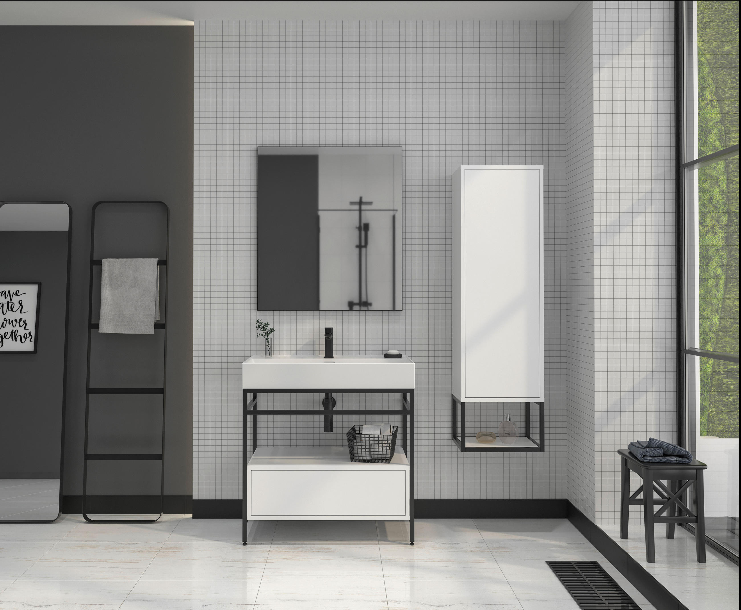 BADEZIMMER 3-teilig  in 80 cm  - Schwarz/Weiß, Design, Keramik/Holzwerkstoff (80cm) - Welnova