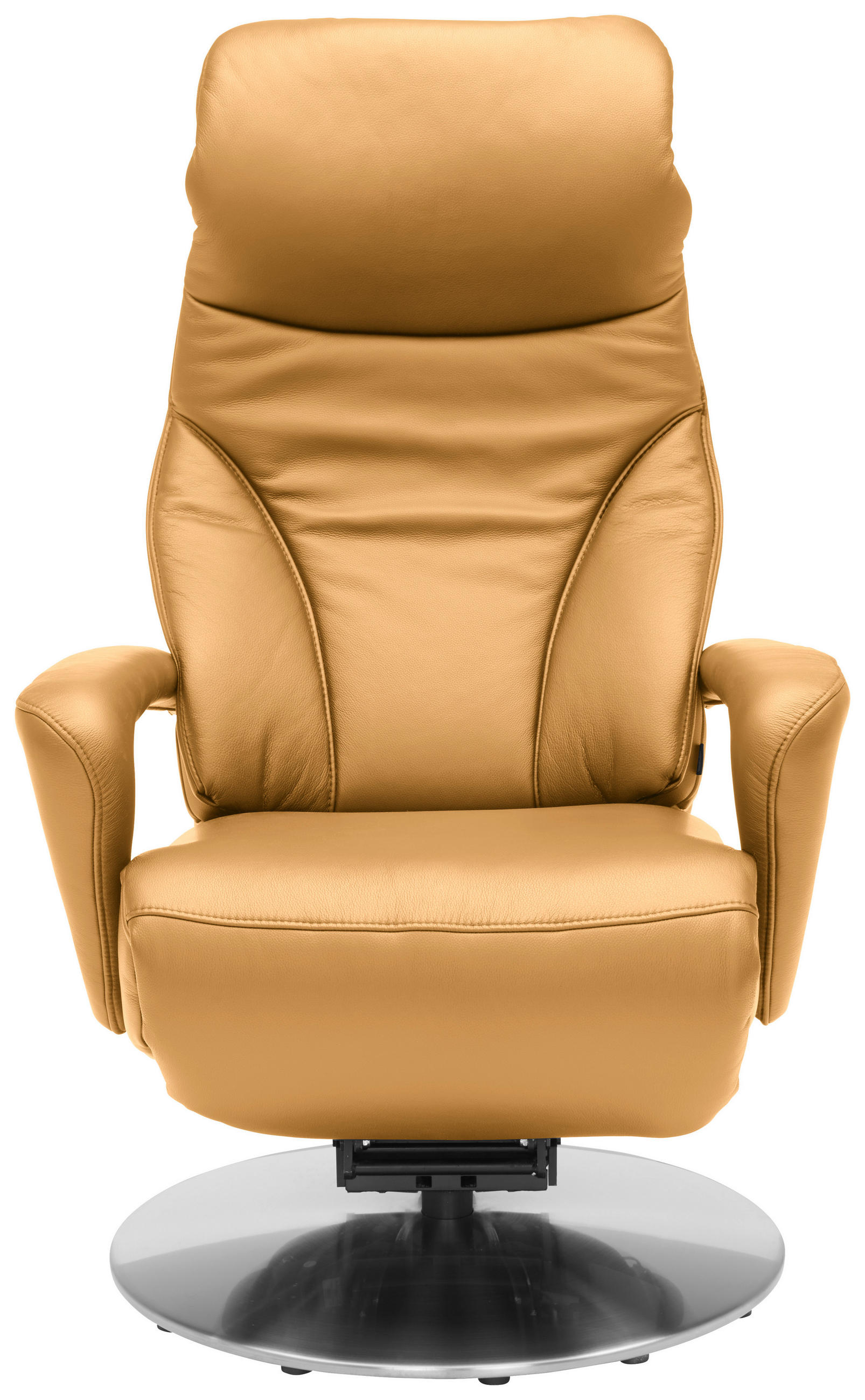 RELAXSESSEL Echtleder Nackenstütze, Relaxfunktion, Kopfteilverstellung, Fußteilverstellung    - Currygelb/Edelstahlfarben, Design, Leder/Metall (75/117/88cm) - Dieter Knoll