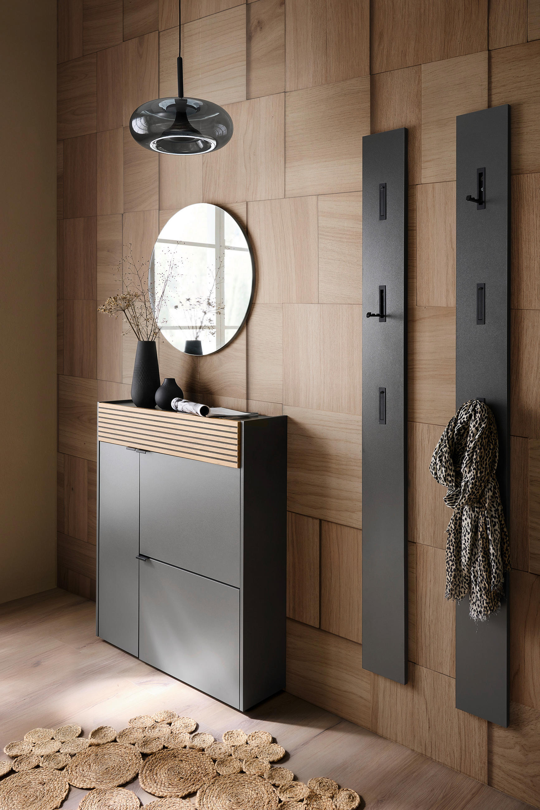 GARDEROBE 4-teilig in 143/200/22 cm - Eichefarben/Graphitfarben, Design, Glas/Holzwerkstoff (143/200/22cm) - Voleo