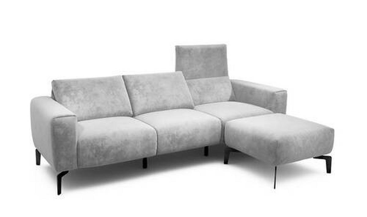 Dreisitzer inkl. Hocker in Samt Hellgrau  - Hellgrau/Schwarz, Design, Textil/Metall (250/86/86-94cm) - SENSOO
