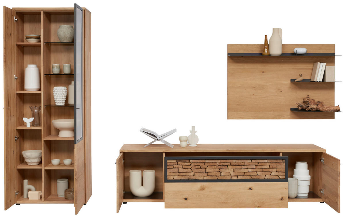 WOHNWAND  in Wildeiche 328,8/207,1/45,2 cm  - Wildeiche/Graphitfarben, Natur, Glas/Holz (328,8/207,1/45,2cm) - Valnatura