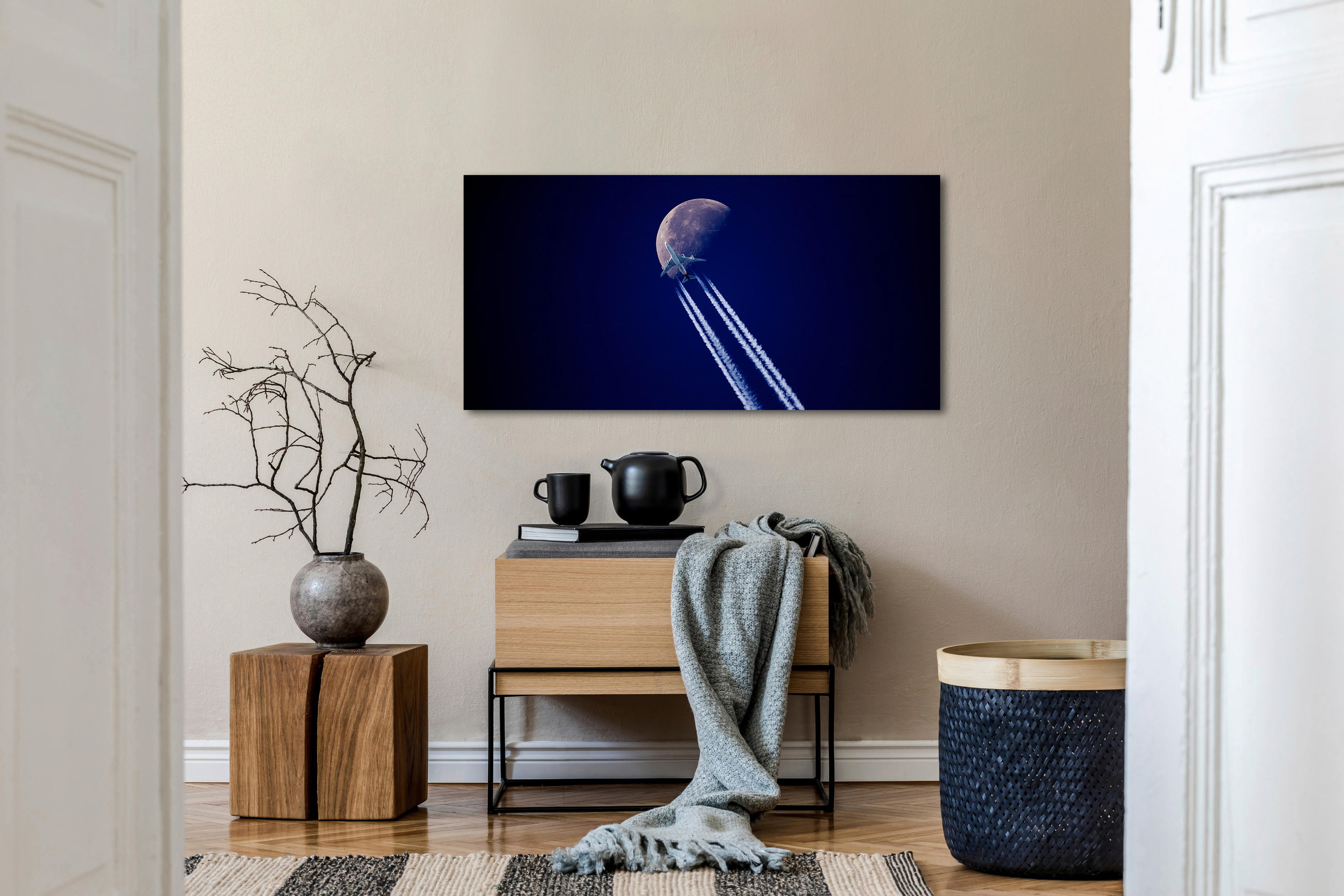 ALUMINIUMBILD Nacht, Mond, Flugzeug 98/48 cm  - Blau/Schwarz, Design, Kunststoff/Metall (98/48cm)