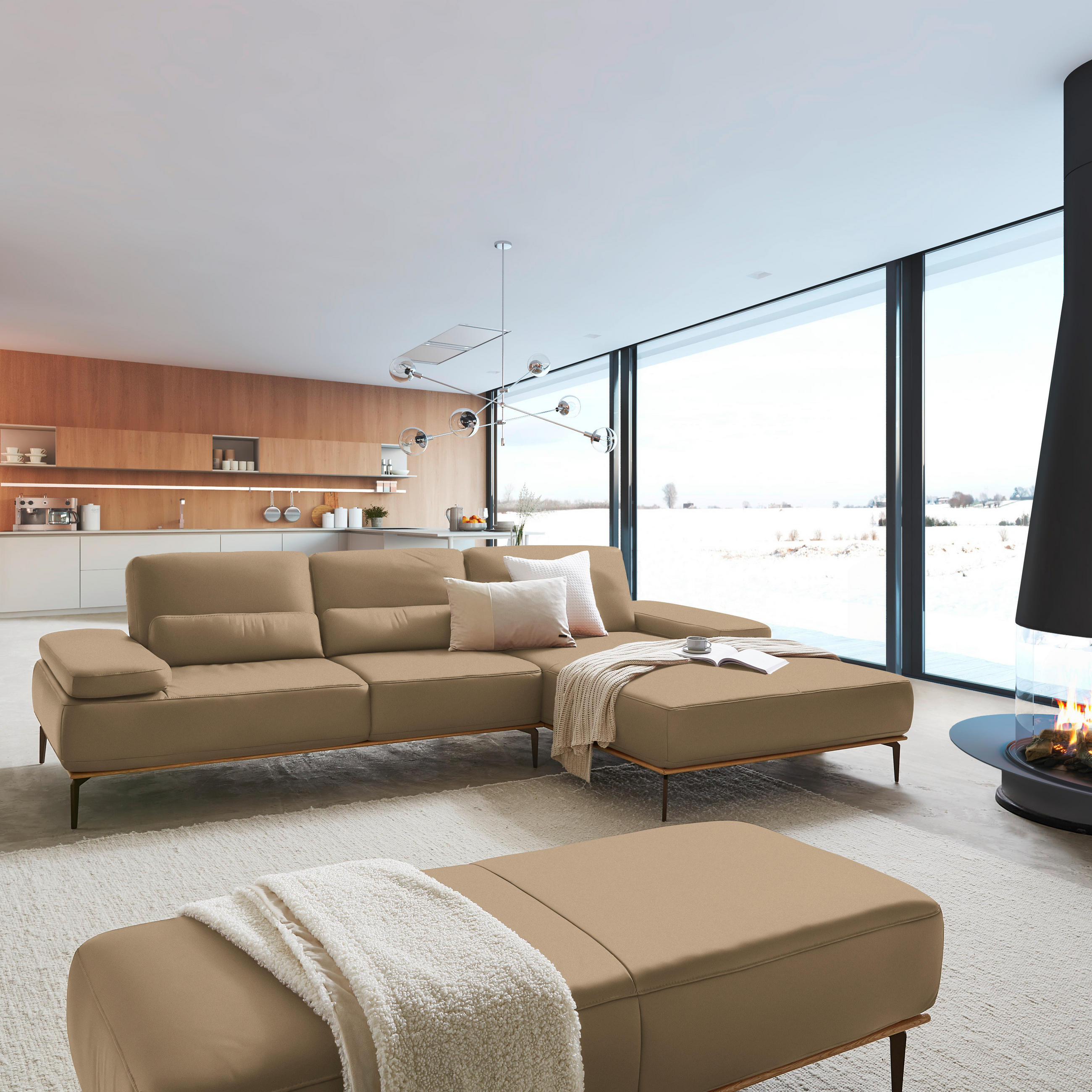 ECKSOFA in Echtleder Hellbraun  - Hellbraun/Bronzefarben, Design, Leder/Holz (314/176cm) - Valnatura