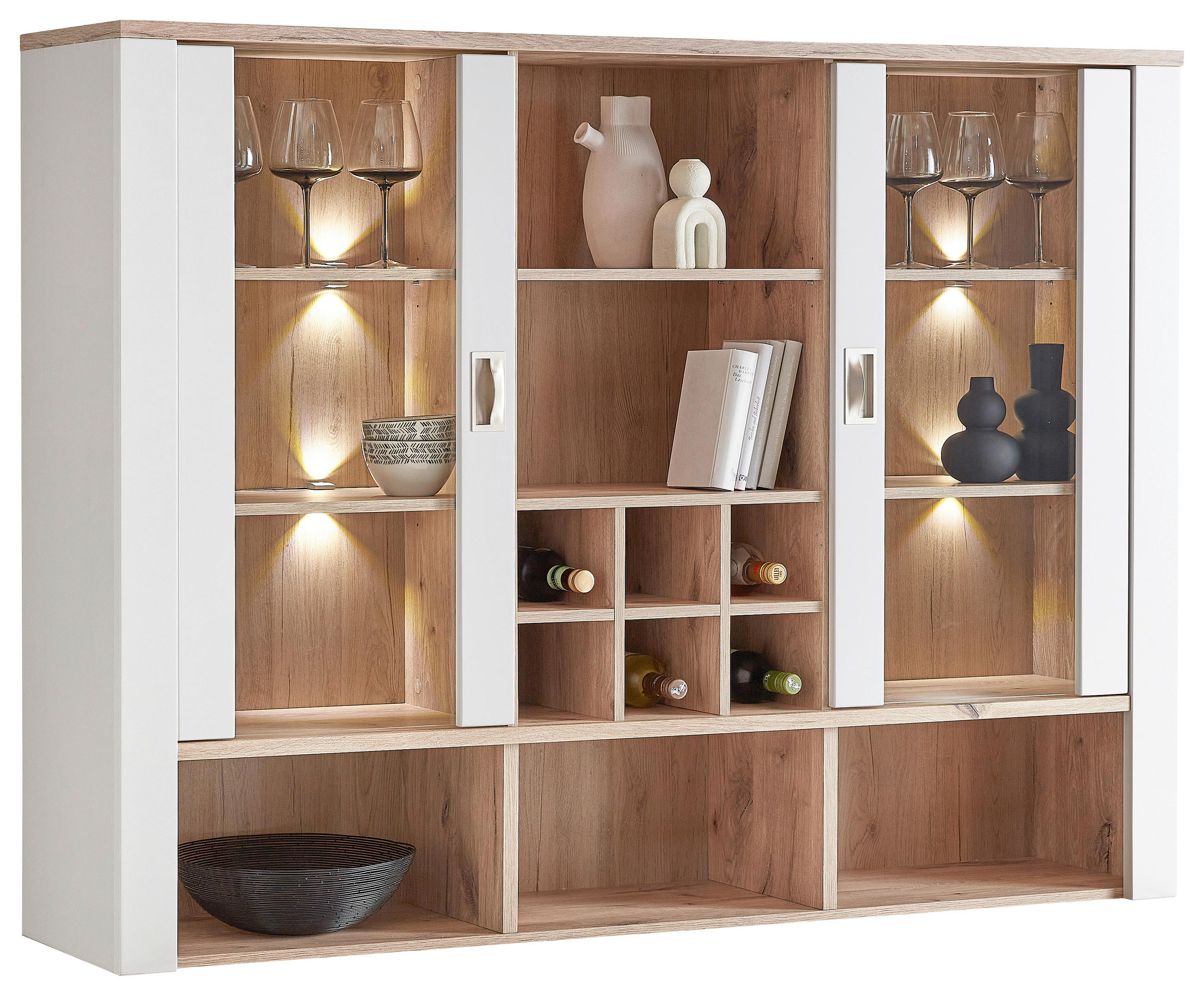 AUFSATZSCHRANK 162,4/121,6/38,2 cm  - Eichefarben/Grau, KONVENTIONELL, Glas/Holzwerkstoff (162,4/121,6/38,2cm) - Hom`in
