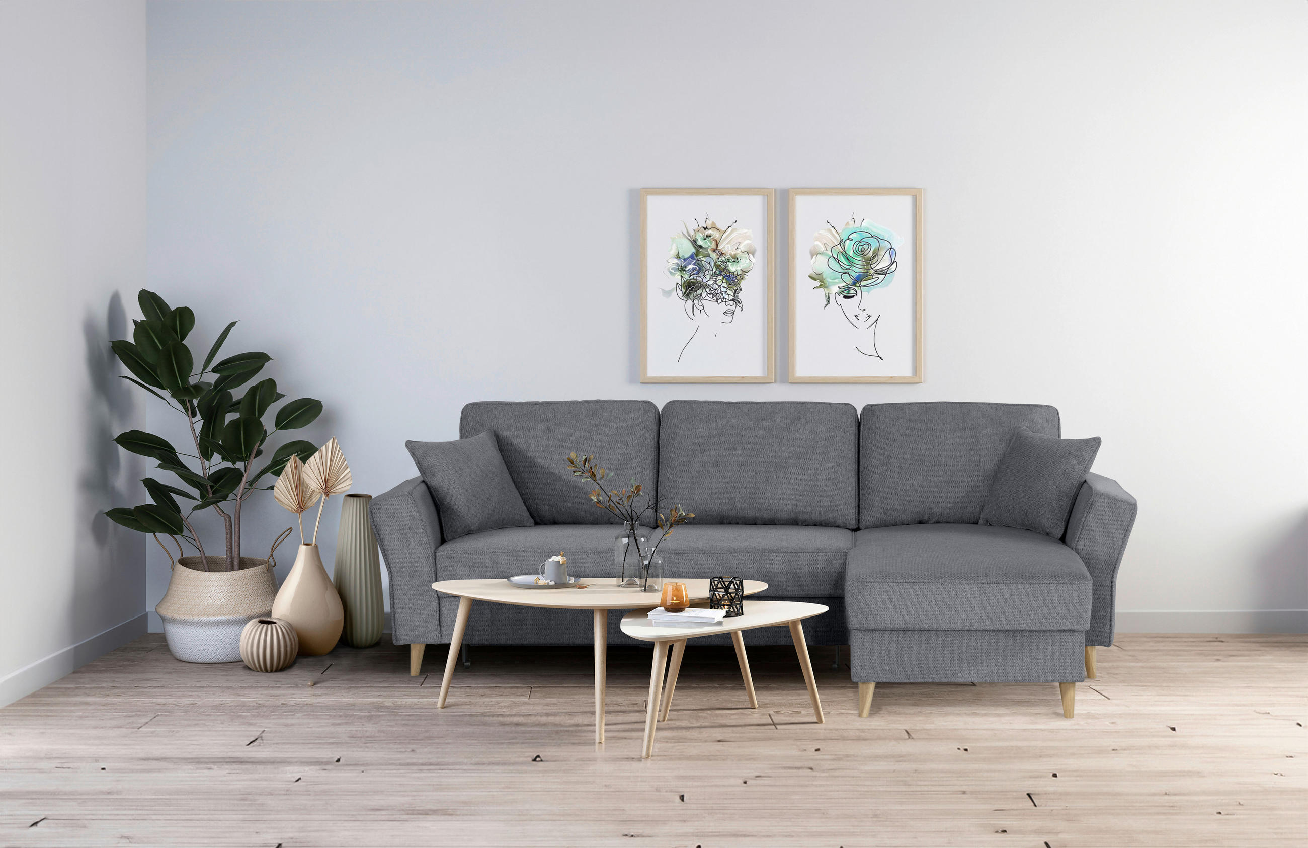 ECKSOFA Dunkelgrau Flachgewebe  - Eichefarben/Dunkelgrau, KONVENTIONELL, Holz/Textil (265/159cm) - Carryhome