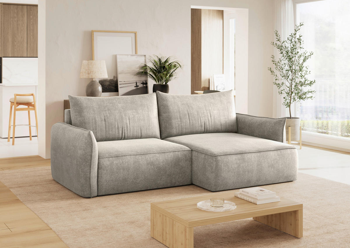 ECKSOFA Beige Struktur Rückenkissen, Bettkasten, Schlaffunktion, Rücken echt, Liegefläche im Originalstoff  - Beige/Schwarz, KONVENTIONELL, Kunststoff/Textil (266/148cm) - Milino
