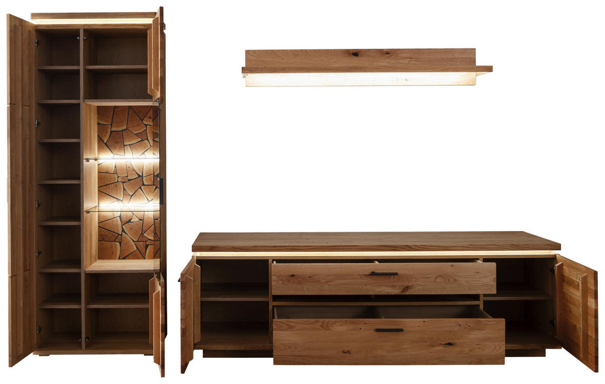 WOHNWAND 3-teilig  Eichefarben 300/204/50 cm  LED-Leuchtmittel   - Eichefarben/Schwarz, Natur, Glas/Holz (300/204/50cm) - Linea Natura