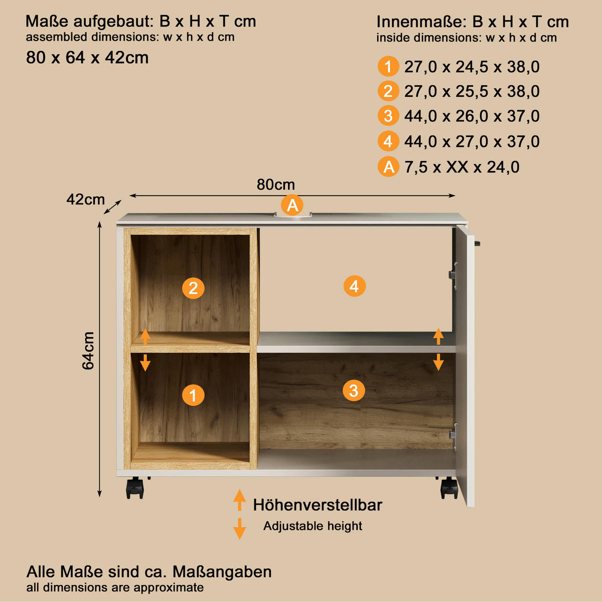 WASCHBECKENUNTERSCHRANK 80/64/42 cm  - Kaschmir/Schwarz, Trend, Holzwerkstoff/Kunststoff (80/64/42cm) - MID.YOU