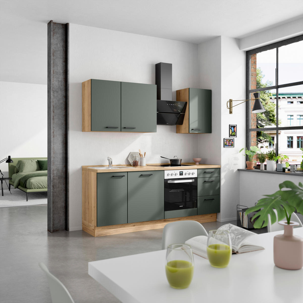 KÜCHENBLOCK Easytouch 210 cm  in Eichefarben, Dunkelgrün  - Dunkelgrün/Eichefarben, MODERN, Holzwerkstoff/Metall (210cm) - Nobilia