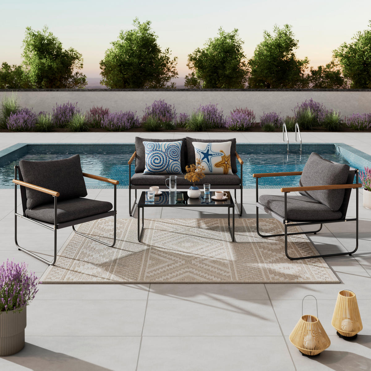 LOUNGEGARNITUR Eisen  - Anthrazit/Schwarz, MODERN, Glas/Textil (125/75/76cm) - Ambia Garden