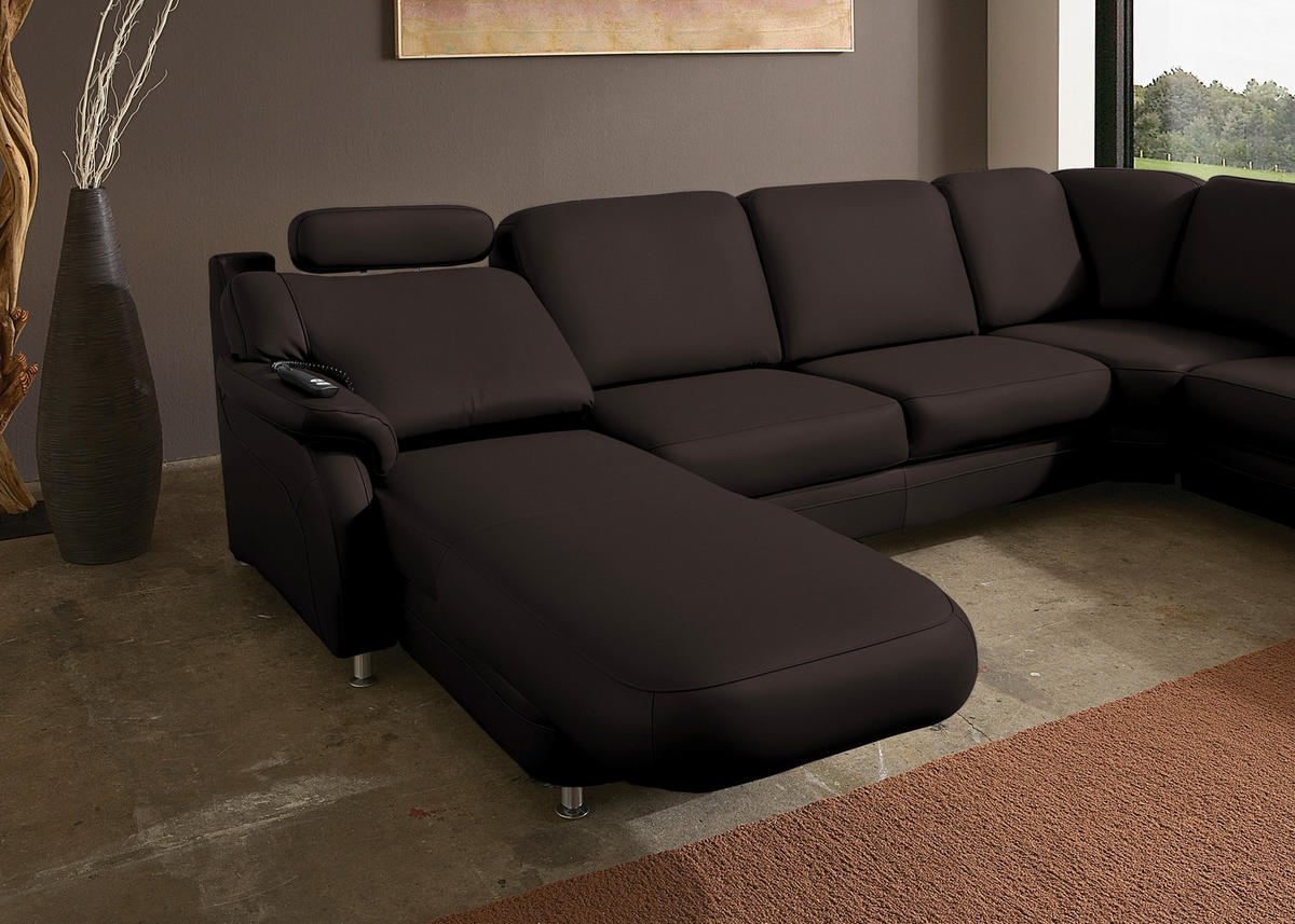 WOHNLANDSCHAFT Echtleder Schwarzbraun  - Schwarzbraun/Alufarben, Konventionell, Leder/Metall (165/329/239cm) - Beldomo Premium