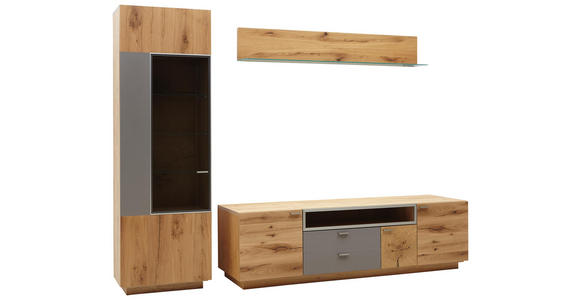 WOHNWAND Asteiche furniert Eichefarben, Walnussfarben - Eichefarben/Walnussfarben, KONVENTIONELL, Glas/Holz (271/200/55cm) - Voleo